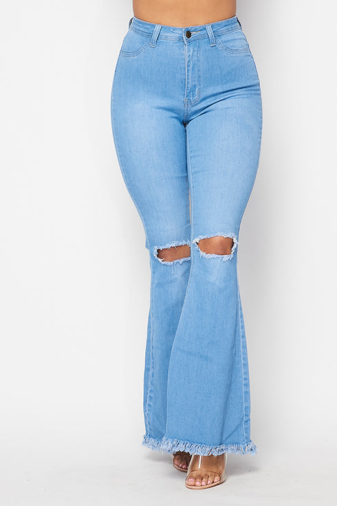 Super High Waisted Slit Distressed Bell Bottoms - Light Denim - SohoGirl.com